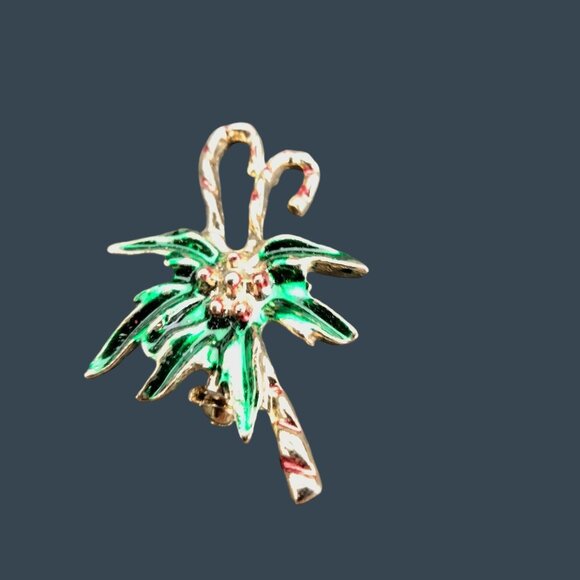 Christmas Candy Cane Pin Brooch Holly Berry Vintage Holiday Jewelry Gold Enamel - Picture 4 of 5